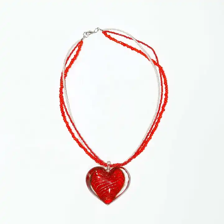 Beautiful & Elegant Red Heart Murano Glass Pendant Necklace